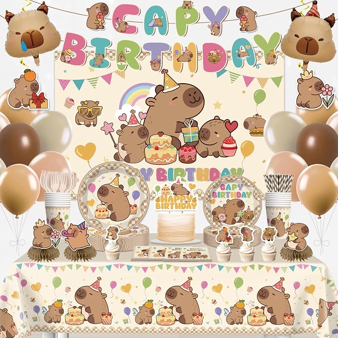 222pcs Capybara Birthday Decorations-Serves 25, All-in-one Capybara Party Decorations with 350gsm Plate, Tablecloth, Backdrop, Centerpiece, Capybara Balloons, Banner, Cake Topper