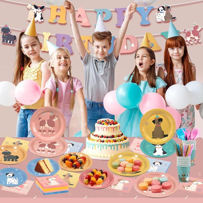 182Pcs Pet Dog Birthday Party Decorations,Retro Puppy Themed Paper Plates Napkins Disposable Pet Dog Tableware Supplies Serve 30 Guests,for Baby Shower Kids Birthday Party Favor