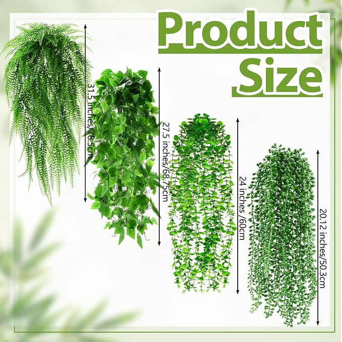 Daifunli Artificial Hanging Plants Fake Hanging Ferns Plastic Fake Plants for Wall Room Garden Garland Indoor Outdoor Decor No Basket (4 Pcs,Boston, Eucalyptus, Ivy Vine, String of Pearls)