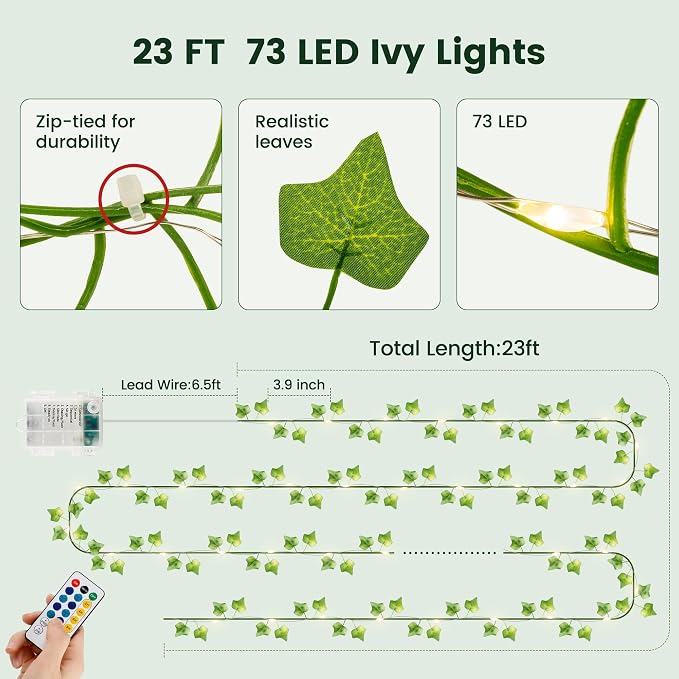 HEYFUNi 23FT Ivy Vines with Fairy Lights, Remote USB & Battery | Artificial Leaf String Lights with 73 Warm White LEDs, Timer, Memory, 8 Modes, Fake Vines for Bedroom, Dorm, Aesthetic Decor