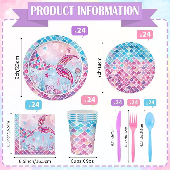 168PCS Mermaid Party Supplies for Birthday Summer Pool Themed Party Decorations Ocean Under The Sea Tableware Mermaid Tail Paper Plates Cups Napkins Set Serves 24 Guests