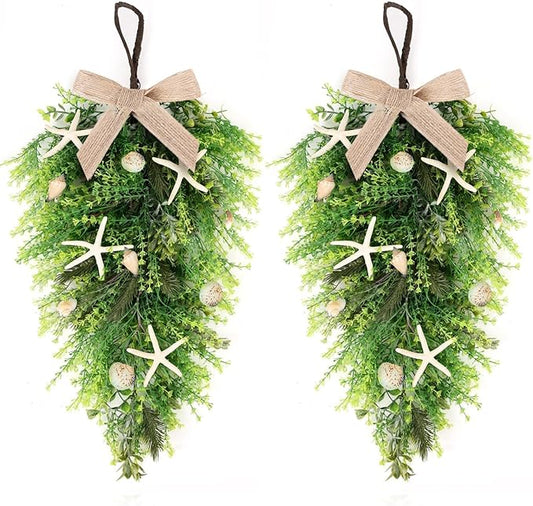 2 Pcs 24"Coastal Teardrop Swag Beach Seashell Starfish Wreath with Green Leaves for Front Door Wedding Farmhouse Starfish Conch Shells Wreath for Indoor Outdoor Spring Summer All Seasons Home Decor ﻿