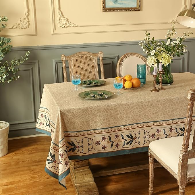 patdrea Designer French Linen Tablecloth,Square,67"x67"-Fram | Elegant Durable Table Cloth for Square Table,Vintage Block Print,for Dining Room Tea Party Thanksgiving,Beige