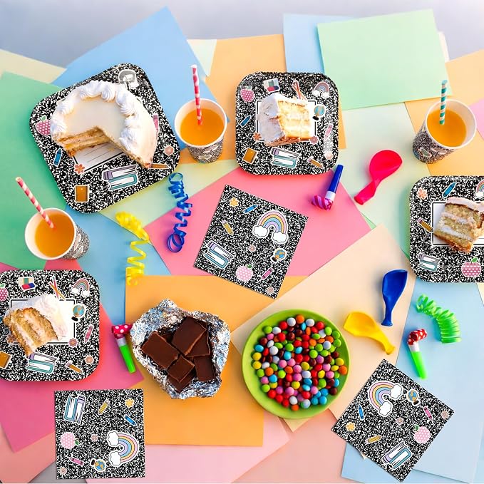 Qinyoung 400pcs/50sets Back to School Tableware Set, First Day of School Party Supplies Includes Disposable Composition Notebook Paper Plate Napkin Cup for Kindergarten Preschool Graduation, 50 Guests