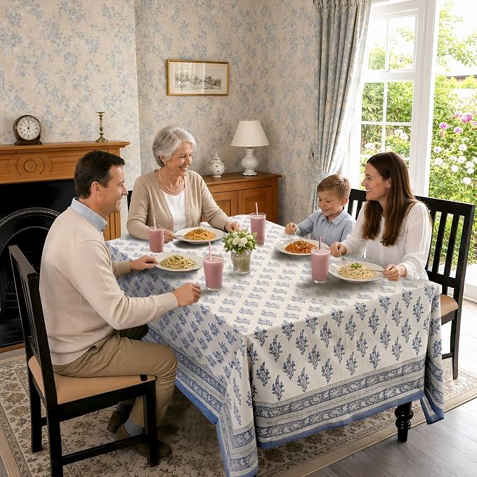 Ridhi Block Print Coastal Blue Rectangle Cotton Tablecloth 160" x 72" Reusable Table Cover Decorative Everyday Use for Dining, Farmhouse, Home Gift for Spring, Easter, Valentine