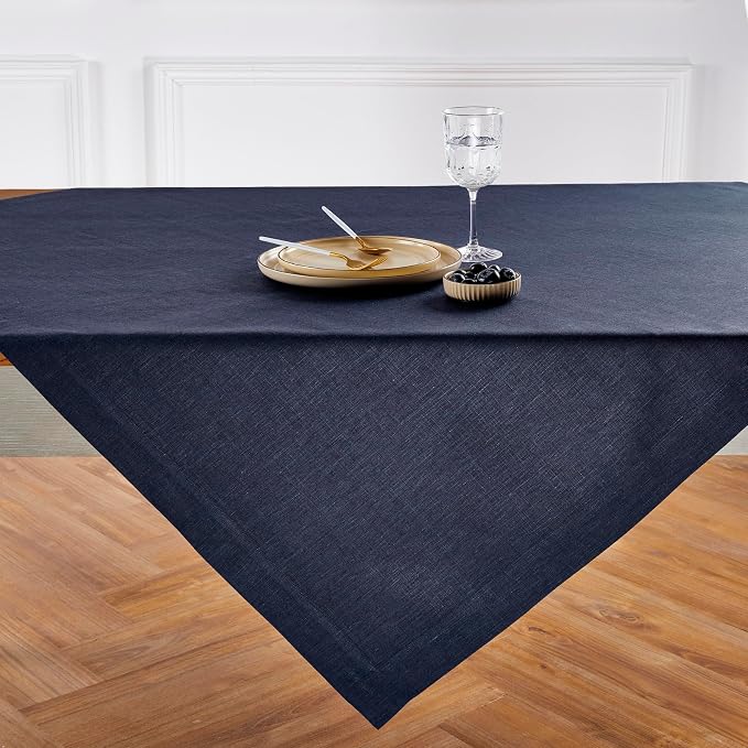 Solino Home Linen Square Tablecloth 52 x 52 Inch - 100% Pure Linen Chambray Navy Table Throw - Athena, Machine Washable Tablecloth for Summer