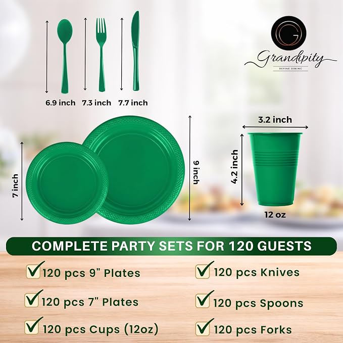 Grandipity 720 Piece Green Disposable Dinnerware Set, Plastic Dinnerware Set Includes 120 Count 9' Dinner Plates, 7' Dessert Plates, 12oz Cups, Forks, Knives & Spoons