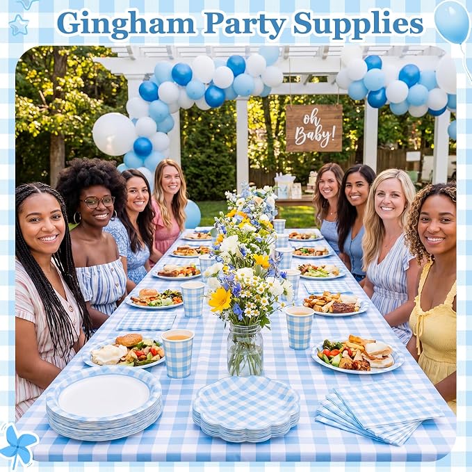 Funnymoom 250 Pcs Blue Gingham Paper Plates and Napkins Party Supplies Blue White Checkered Disposable Plaid Tableware Set Scalloped Dessert Plates for Wedding Bridal Shower Picnic Party Decorations