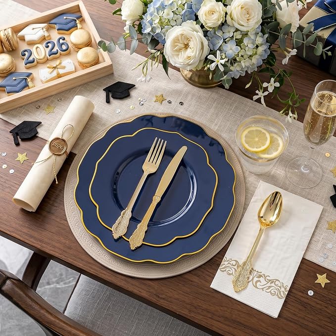 NOCCUR 175PCS Blue Plastic Plates with Disposable Silverware - Include 50 Blue Disposable Plates with Gold Rim,75 Gold Cutlery,25 Cups,25Napkins for Party/Wedding/Graduation/Independence Day