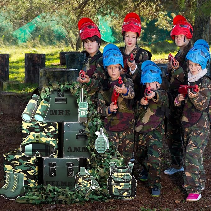 party greeting Camo Birthday Party Decorations Camo Party Boxes Decor Camouflage Netting Army Boxes Camouflage Photo Booth Props for Hunting Military Army Enthusiasts Boys Birthday Jungle Supplies
