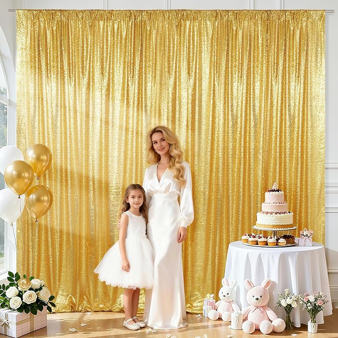SquarePie 20x10ft Gold Sequin Backdrop for Photography, Satin-Backed Real Sequin Curtain, Enhanced Coverage Shimmering Background with 4" Rod Pocket for Wedding, Birthday, Party Decor, 1 Panel