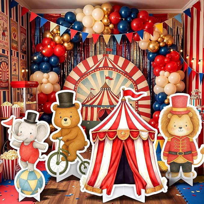 Honoson 4 Pcs Large 30" Circus Animal Cardboard Cutouts, Carnival Theme Party Yard Signs Decoration Backdrop for Circus Theme Party Supplies Birthday Baby Shower Lawn Decor