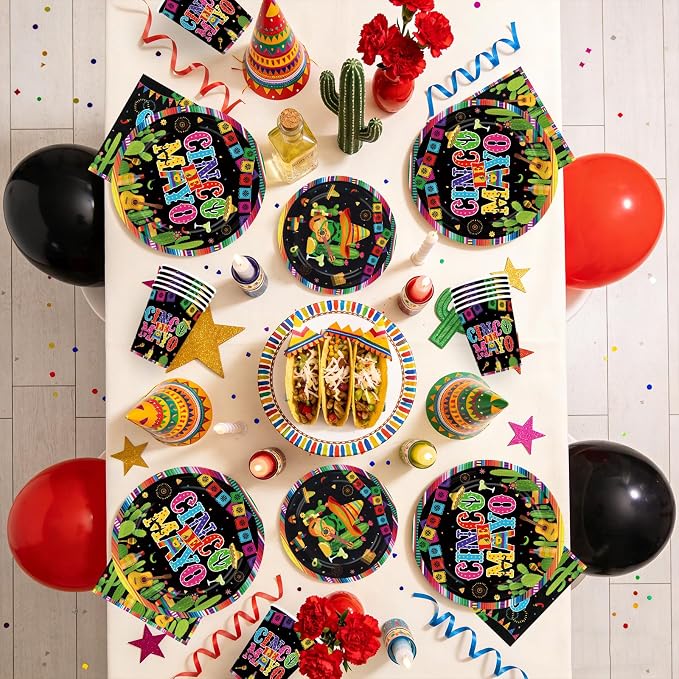 250Pcs Cinco De Mayo Decorations Mexican Fiesta Plates and Napkins Black Mexico Taco Fiesta Decorations Favors for Mexican Cinco De Mayo Festive Party Supplies Serves 50