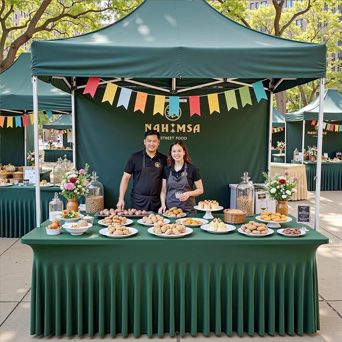 6 pk Hunter Green Spandex Tablecloth 8ft With Ruffle Table Skirt, Wrinkle Free Stretchy Fitted Tablecloths for 8 Foot Rectangle Tables, Elastic Spandex Table Covers for Weddings Parties Banquet Craft