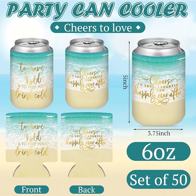 Qinyoung 50 Pieces Beach Theme Wedding Can Cooler Bulk Engagement Party Favors for Guests Cheers to Love Laughter and Happily Ever After Rehearsal Dinner Decorations for Wedding Bridal Party