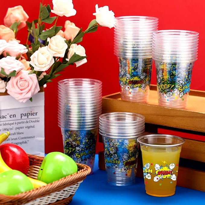 FoldTier 50 Pcs Hero Cups 12 oz Plastic Hero Birthday Cups Clear Theme Disposable Glasses Super Theme Beverage Glasses for Home Kitchen Birthday Party Favors Supplies Decoration