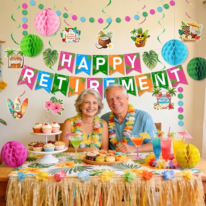 Luau Hawaiian Retirement Party Decorations for Men Women Tropical Happy Retirement Banner Honeycomb Balls Hanging Swirl Circle Dots Garland Beach Summer Retirement Party Supplies