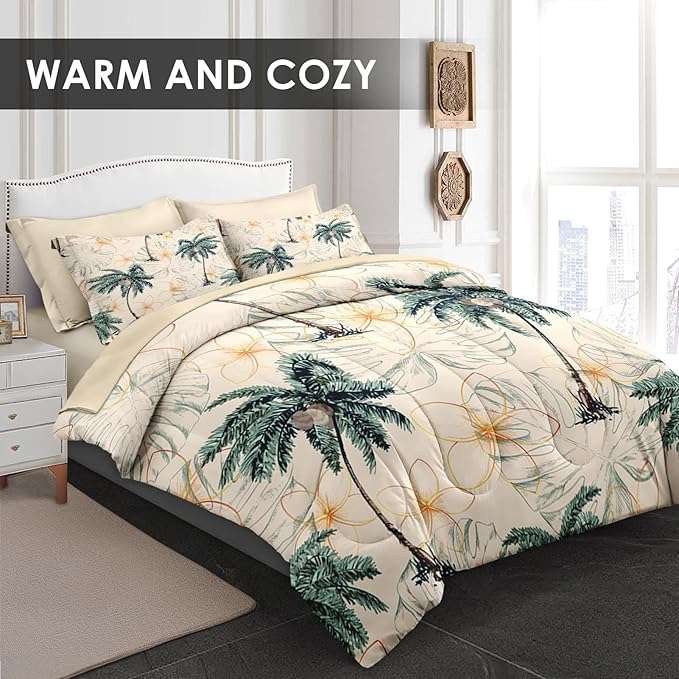 Pamnest Comforter Set King Size, Tropical Botanical Palm Summer 7 Pcs Bedding for Kids and Adults, Hawaiian Coconut Tree Bed Sheet Sets with Fitted Sheet 2 Pillowcase & 2 Sham for Bedroom Bed Decor