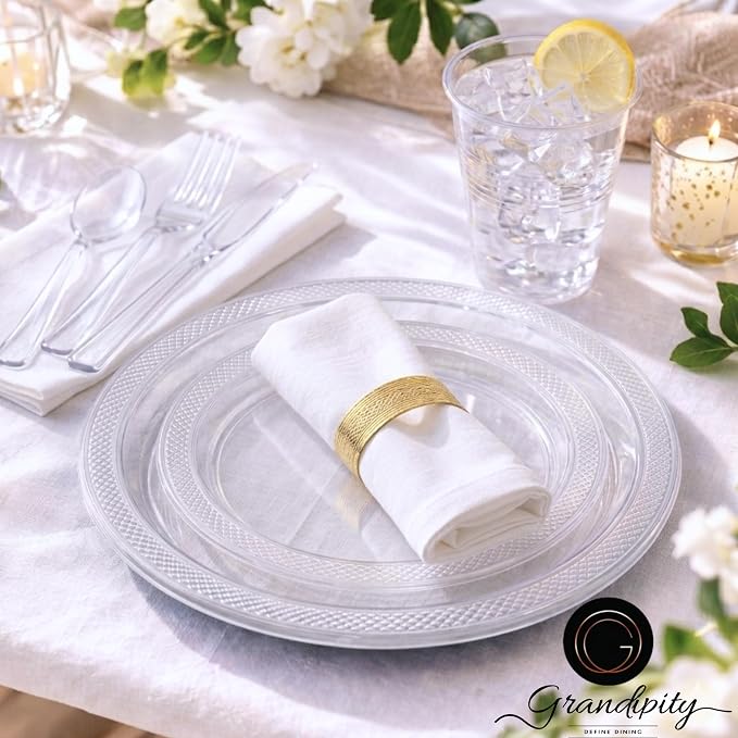 Grandipity 350 Piece Clear Disposable Dinnerware Set, Includes 50 of Each: 9" Dinner Plates, 7" Dessert Plates, 12oz Cups, Paper Napkins, Forks, Knives & Spoons