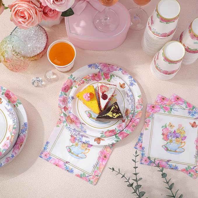 Pickmesh 250 Pcs Tea Party Disposable Tableware Set Paper Plates and Napkins Cups Supplies Tea Party Theme Dinner Dinnerware for Birthday Bridal Baby Shower wedding Decoration Serves 50