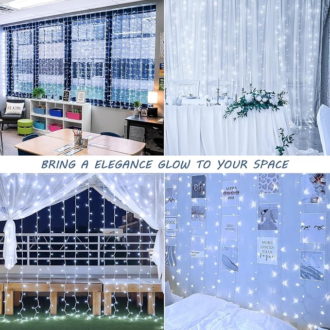 HEYFUNi 304 LED Curtain Lights Outdoor, 9.8Ft*9.8Ft Hanging String Lights Plug in with 8 Modes, Connectable Curtain Fairy Lights for Bedroom, Dorm, Christmas, Wall, Backdrop, Wedding Decor, White