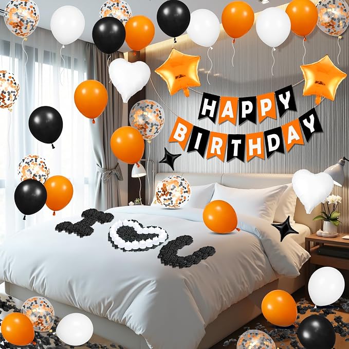 Orange Birthday Balloons Decorations Orange Black and White Halloween Birthday Balloon Letters Banner with 6Pcs Star Balloons Artificial Rose Petal 24 Flameless LED Candles for Halloween Bday Decor