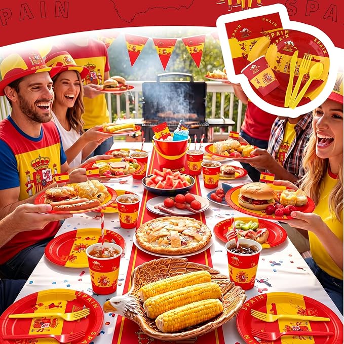 FoldTier 350 Pcs Spain Flag Party Supplies Disposable Spanish Flag Paper Plates and Napkins Spanish National Day Tableware for Country Decoration Patriotic Festival Party Supplies, Serves 50