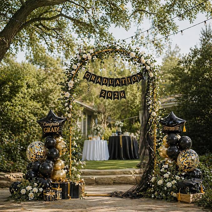 GOJAWAY 6.6FT Backdrop Stand Metal Arch Gold Wedding Arch Stand Arched Backdrop Frame for Birthday Party Baby Shower Graduation Ceremony Decoration