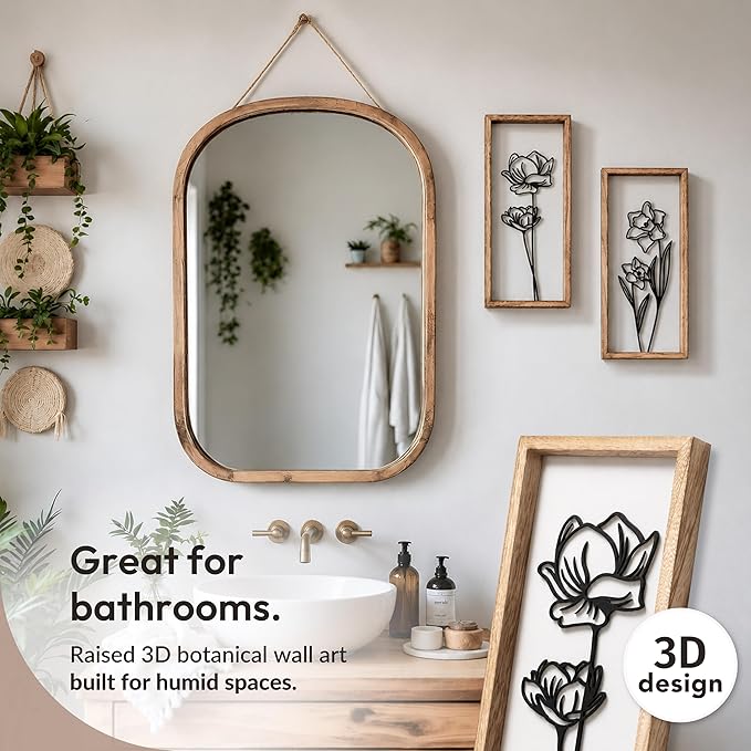 3D Black and White Wall Art (Set of 2) Lightweight, Wooden Ready-to-Hang Framed Floral Wall Art for Bathroom, Bedroom, Living Room or Office – Boho Botanical Farmhouse Decor – Gift-Boxed