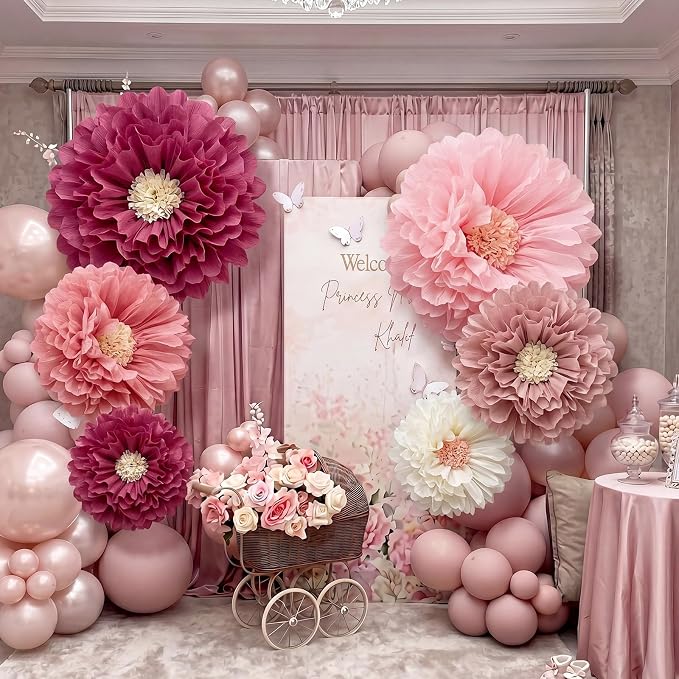 Giegxin 6 Pcs 40'', 31.4", 24" Boho Pink Giant Paper Flowers for Wall Decorations Pink White Big Jumbo Tissue Crepe Flowers Boho Party Decorations Floral for Wedding Baby Shower Classroom Backdrop
