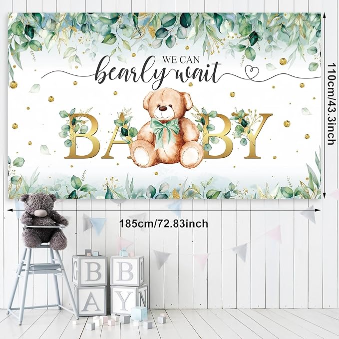 Breling 61 Pcs Bear Baby Shower Decorations Sage Green Bear Baby Party Decor Kit We Bearly Wait Backdrop Tablecloth Balloons Arch Bears Theme Party Supplies for Kids Birthday Shower