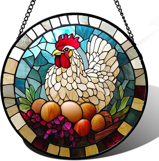 DASTOLL Stained Glass Window Hanging White Chicken Hatching Eggs 9.8" - Suncatcher Door Garden Sunroom Sun Catcher Home Decor Birthday Christmas for Mom Men Woman Nana