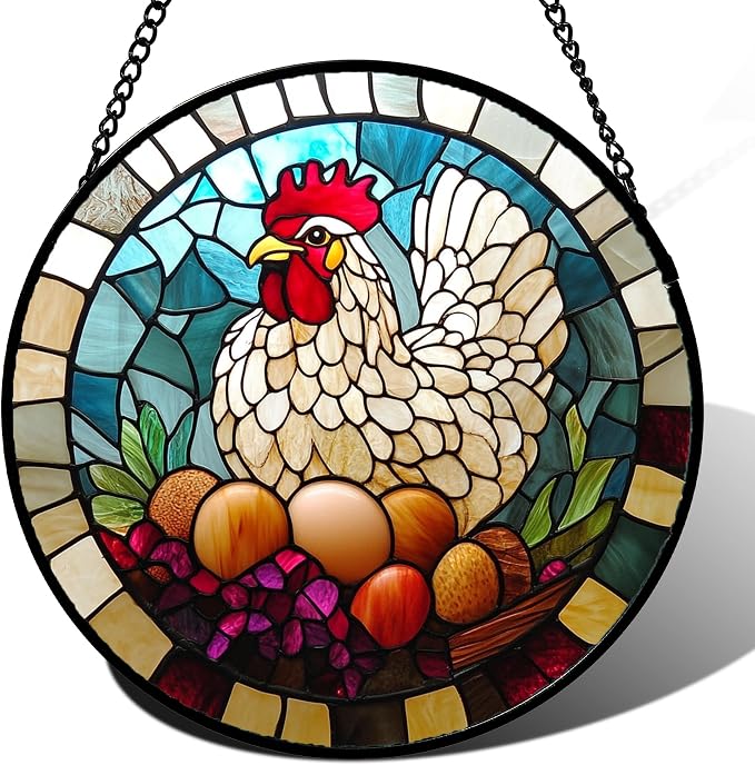 DASTOLL Stained Glass Window Hanging White Chicken Hatching Eggs 7.8" - Suncatcher Door Garden Sunroom Sun Catcher Home Decor Birthday Christmas for Mom Men Woman Nana