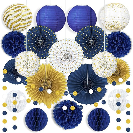 Blue and Gold Party Decorations - 22Pcs Hanging Navy Royal Blue White and Gold Paper Lanterns, Pom Poms, Fans & Honeycomb Balls for Graduation, Birthday, Retirement & Royal Theme Party Supplies