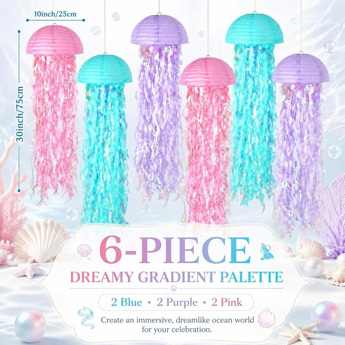 6-Pack Jellyfish Paper Lanterns with Shiny Ribbons, Pink Blue Purple Under The Sea Party Decorations, Mermaid Birthday Decorations for Girls, Ocean Themed Pool Party