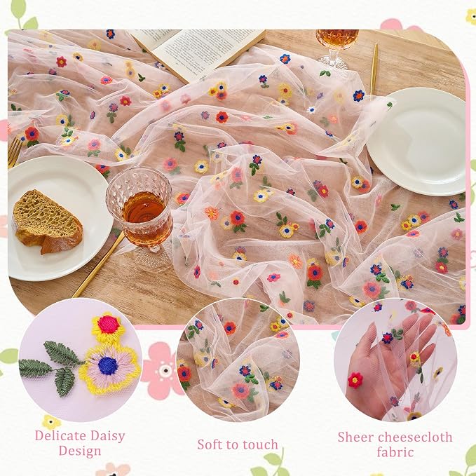 BINBE 12pcs Daisy Spring Table Runner Embroidery Gauze 10FT Florals Seasonal Tulle Holiday Birthday Kitchen Dining Table Decor for Home Party Pink