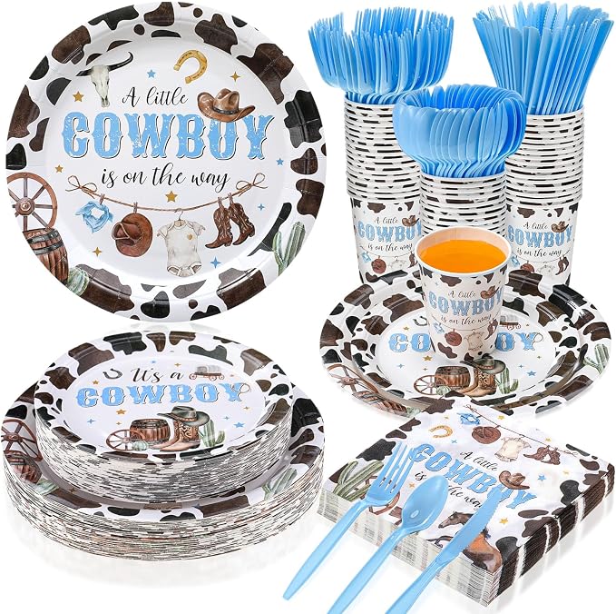 Ziliny 350 Pcs Western Cowboy Baby Shower Party Supplies a Cowboy Is on the Way Baby Shower Paper Plates Napkins Cups Disposable Western Party Tableware Plastic Cutlery Serves 50 Guest