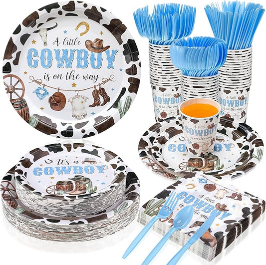 Ziliny 350 Pcs Western Cowboy Baby Shower Party Supplies a Cowboy Is on the Way Baby Shower Paper Plates Napkins Cups Disposable Western Party Tableware Plastic Cutlery Serves 50 Guest