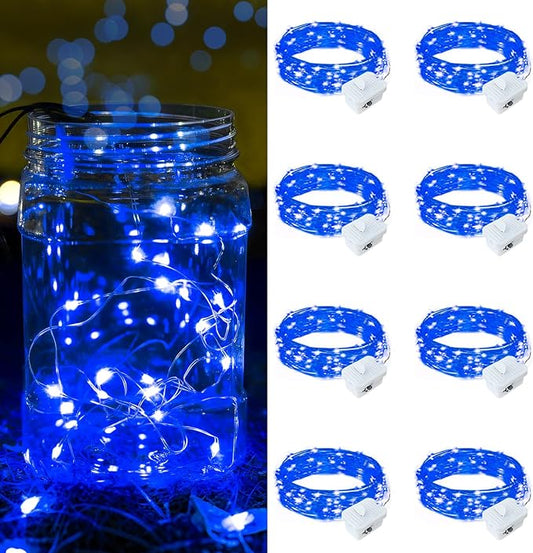 8 Pack Blue Fairy Lights Battery Operated, 7ft 20 LED Mini String Twinkle Lights for Christmas Halloween Mason Jars Party Centerpiece Table Decorations (8, Blue)