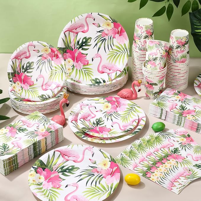 Funnymoom 250 Pcs Hawaiian Flamingo Party Decoration Luau Themed Paper Plates Napkins and Cups Tropical Hawaiian Tableware Set for Summer Pool Beach Birthday Retirement Party Supplies, Serves 50
