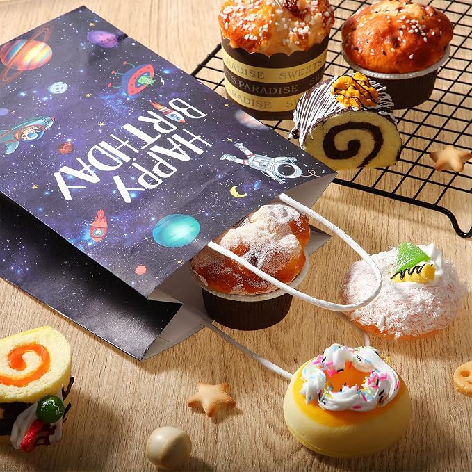 Outus 32 Pack Outer Birthday Space Party Favors Space Goody Bags with Handles Galaxy Gift Bags Kraft Paper Planet Goodie Treat Astronaut Present for Boys Girls Theme Party