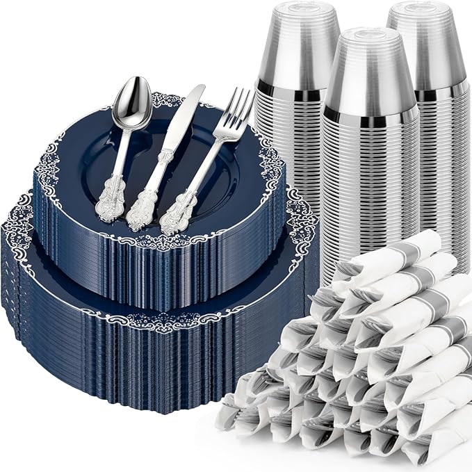 Bestluck 350PCS Navy Blue Plates for 50 Guests, Disposable Dinnerware Sets Include 100 Plastic Plates, 50 Silverwares, 50 Cups, and 50 Pre Rolled Napkins for Party, Wedding and Graduation