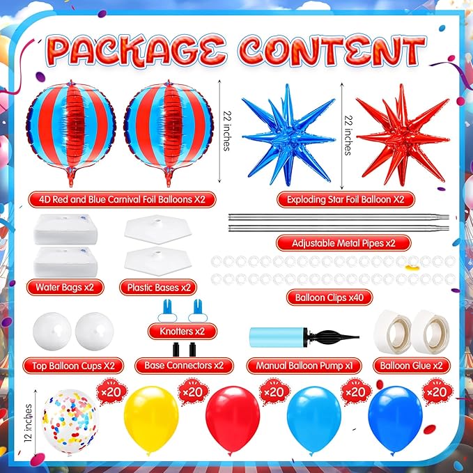 2 Sets Carnival Balloon Column Stand Kit Circus Theme Birthday Party Supplies Including Red Blue Yellow Balloon Garland Arch Kit for Birthday Carnival Theme Decorations