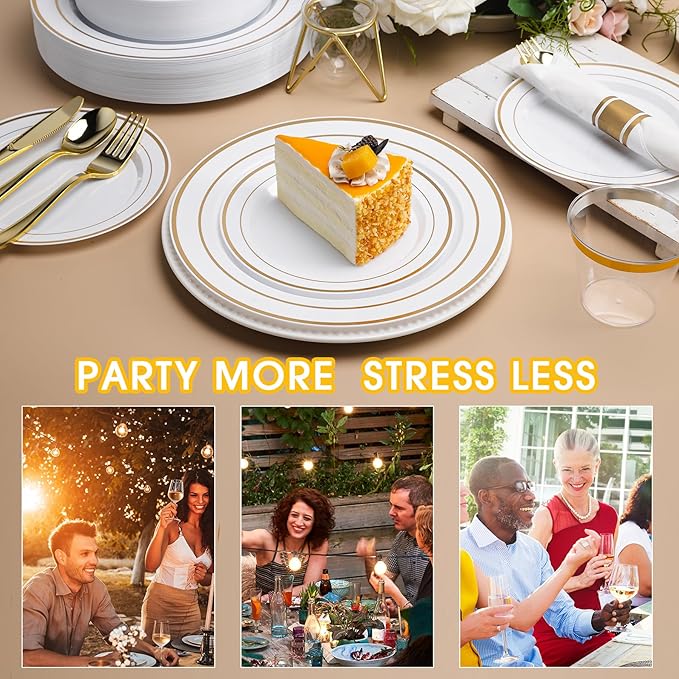 350 PCS White and Gold Plastic Dinnerware Set for 50 Guests, Disposable Party Plate for 50 Guests, Include: 100 Plastic Plates, 50 Pre Rolled Napkins with Gold Silverware, 50 Cups