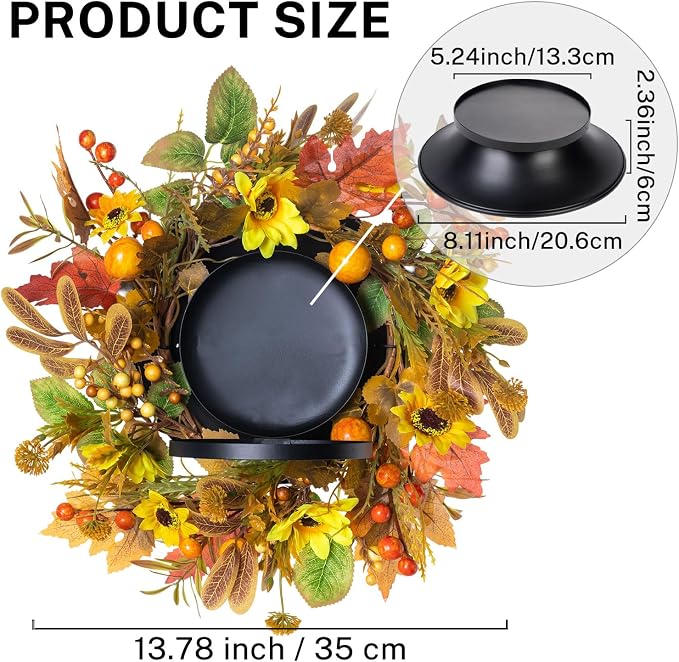 MOYEE Autumn Centerpieces for Tables Candle Ring, Black Metal Candlestick with an Artificial Wreaths 14 in Versatile Dining Table Centerpiece Decor (Yellow Sunflower Wreath)