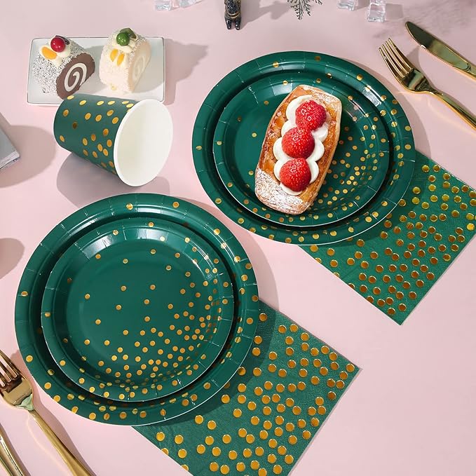 Green and Gold Party Decorations, 200Pcs Emerald Green Plates and Napkins Party Supplies, Birthday Plates for Fathers Day Graduation Decorations