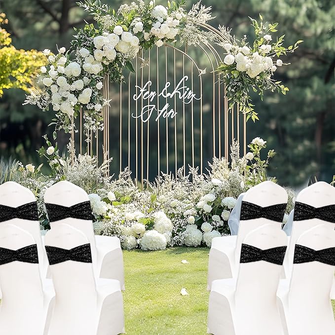 Eternal Beauty Set of 10 Black Chair Sashes Band Bows Sequin Chair Sashes for Wedding Cover Decorations