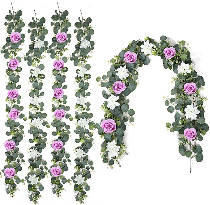 4 Pack Wedding Garland Set, Purple Rose & White Dahlia Hanging Flower Vines for Wedding Arch, Backdrop, Mantel, Home Decor (5.91ft)