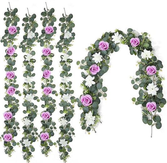 4 Pack Wedding Garland Set, Purple Rose & White Dahlia Hanging Flower Vines for Wedding Arch, Backdrop, Mantel, Home Decor (5.91ft)