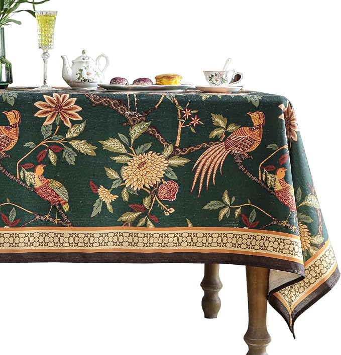 ISAENNE Designer Linen Green Rectangular Tablecloth,71"x55"-Mitchell | Vintage Elegant Table Cloth Rectangle Table,Floral and Bird Pattern,Heavy,Dining Room,Kitchen,Tea Party,Thanksgiving,Decor